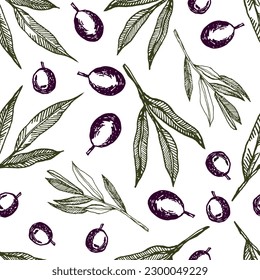 Vector graphics of olive branches. Highlighted on a white background. Seamless pattern with olive branches graphics. Graphic background with olives. Monochrome olive branches.