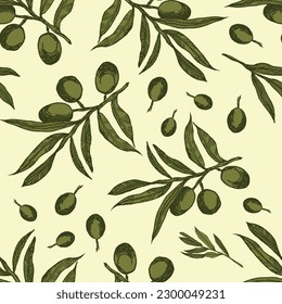 Vector graphics of olive branches. Pattern on a light background. Seamless pattern with olive branches graphics. Graphic background with green olives. Monochrome olive branches.