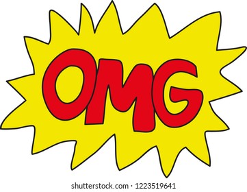 Vector graphics with OMG tag, text in red on yellow background with the abbreviation OMG