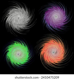 Vector graphics. On a black background, four round, fluffy, colored design elements.
