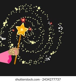 Vector graphics. On a black background, a woman's hand holds a magic wand.