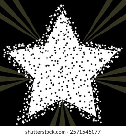 Vector graphics. On a black background, a large white star with rays.