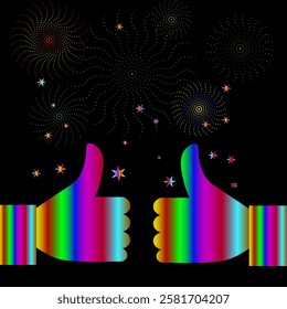 Vector graphics. On a black background, two bright hands with a thumb up and fireworks.