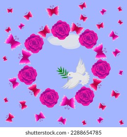 Vector graphics. On a blue background, a frame of roses and flying butterflies. In the middle is a white cloud and a dove with an olive branch.