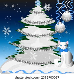 Vector graphics. On a blue background there is a snow-covered Christmas tree in silver tinsel. A white cat sits next to the Christmas tree. There is a serpentine and two white balls in the corner.