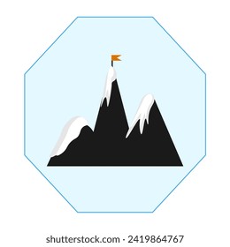 Vector graphics. On a blue background there are three snow-capped mountain peaks, on one of which a flag is hoisted.