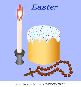 Gráficos vectoriales. Sobre un fondo azul hay un pastel de Pascua, una vela ardiente y una cruz con un rosario.