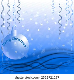 Gráficos de Vector. Sobre un fondo azul, una bola de Año Nuevo, serpentina azul y copos de nieve que caen.