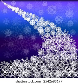 Vector graphics. On a blue background there are many different snowflakes.