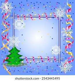 Gráficos vetoriais. Em um fundo azul, um quadro entrelaçado com serpentina brilhante, um abeto verde, flocos de neve e confetes multicoloridos.
