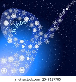 Vector graphics. On a blue background there is a whirlwind of various snowflakes.