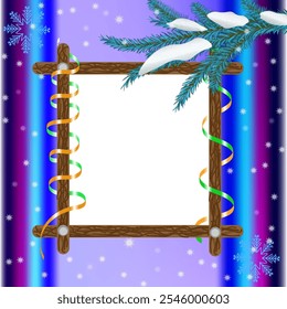 Vector graphics. On a bright background, a wooden frame entwined with ribbons and a snow-covered branch of blue spruce.