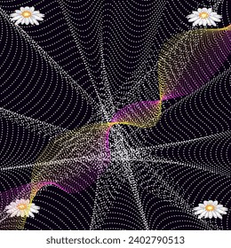 Vector graphics. On a dark background there are white dots in the form of a cobweb and a bright wave. Along the edges of chamomile.