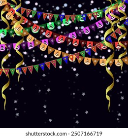 Vector graphics. On a dark background there are New Year's garlands, serpentine and many falling snowflakes.