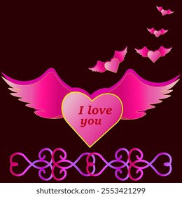 Vector graphics. On a dark background, a pink heart with wings and the inscription "I love you". Below is a bright ornament.