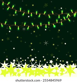 Vector graphics. On a dark background, green garlands of lights and many falling stars.
