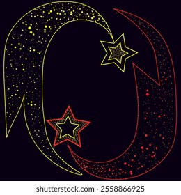 Vector graphics. On a dark background, two flying stars glowing with sparks.