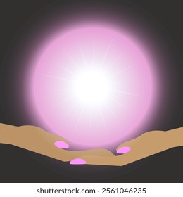 Vector graphics. On a dark background in the palms of a pink, glowing, magic ball.