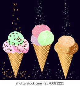 Vector graphics. On a dark background, three portions of ice cream, on which chocolate and powdered sugar fall.