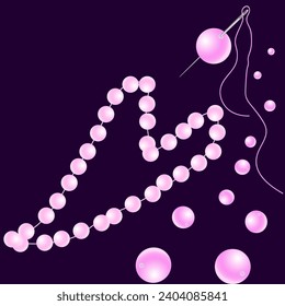 Vector graphics. On a dark blue background, one bead is strung on a needle and thread. Nearby are pink beads and a pearl necklace.