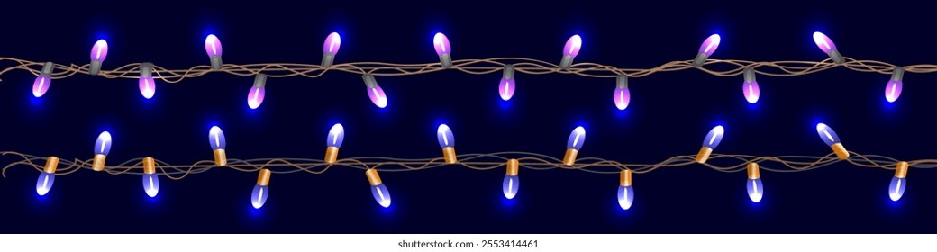 Vector graphics. On a dark blue background, two burning garlands of lamps in blue tones.