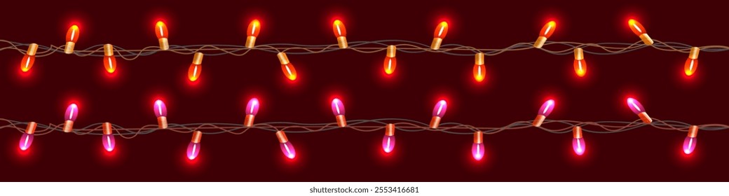 Vector graphics. On a dark red background, two burning garlands of lamps in red tones.