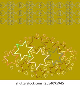 Vector graphics. On a dark yellow background there are many bright glowing silhouettes of stars and an ornament.