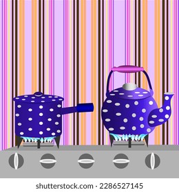 Vector graphics. On the gas stove, against the background of simple striped wallpaper, there is a saucepan and a kettle.