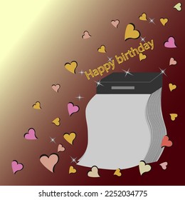 Vector graphics. On a golden background, many multi-colored hearts. In the lower corner is an old tear-off calendar with a blank white sheet. Above the calendar is the inscription "Happy Birthday".