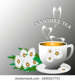 Vector graphics. On a gray background, a white cup with chamomile tea and steam in the shape of hearts. Nearby are chamomile flowers.