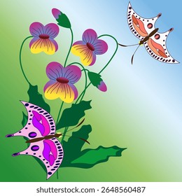 Vector graphics. On a green-blue background blooming violas and two exotic butterflies.