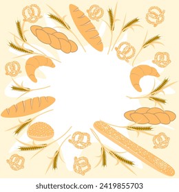 Vector graphics. On a light background there are buns, baguettes, loaves, croissants, pretzels and ears of wheat.