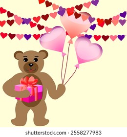 Vector graphics. On a light background, a teddy bear with balloons and a gift box in its paws.