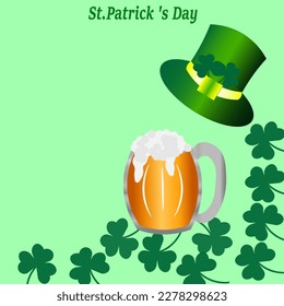 Vector graphics. On a light green background, clover leaves, a green hat and a mug of beer with foam.