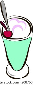 Gráficos vectoriales en un cóctel de leche y crema en un vaso azul.Arriba con cerezas rosas y una cuchara.