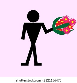 Vector graphics. On a pink background, the silhouette of a man with a bright bouquet of flowers.