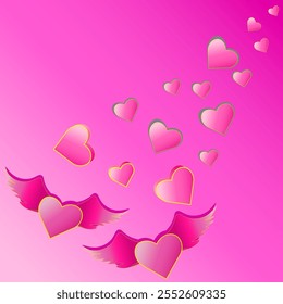 Gráficos de Vector. Sobre fondo rosa, dos corazones con alas y muchos corazones.