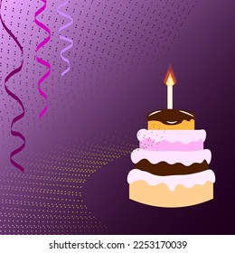 Vector graphics. On a purple background, a birthday cake with one burning candle. Three serpentine ribbons hang in the corner.