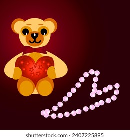Vector graphics. On a red background, a toy bear holding a big heart, with a bow tie. Below is a pink pearl necklace.