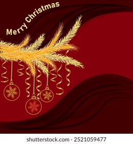 Vector graphics. On a red background, golden fir branches, abstract Christmas balls and golden serpentine.
