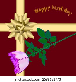 Vector graphics. On a red background there is a beautiful golden bow, a pink rose and the inscription "Happy Birthday".