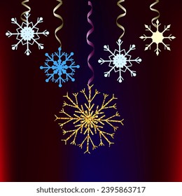 Vector graphics. On a red-blue background there are five snowflakes hanging on serpentine ribbons.