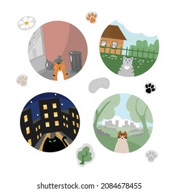 Vector graphics on the theme "homeless cats". Homeless cats are depicted in different areas of habitat