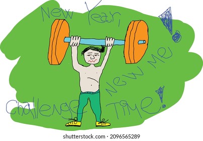 Vector Graphics On The Theme Of New Year's Resolutions. New Year, New Me. Time Of Challenges And New Beginnings. Man Starting To Work Out With A Barbell.