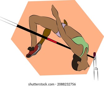 Vector graphics on the theme of sports. An athletic and young girl jumps over a pole with her back down.