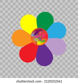 Gráficos vectoriales. En un fondo transparente, una flor de siete pétalos, pintada en los colores del arcoiris. En el centro hay un círculo multicolor.