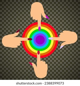 Vector graphics. On a transparent background, four female hands press on a bright rainbow button.