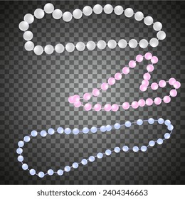 Vector graphics. On a transparent background there are three pearl necklaces - white, pink and blue pearls.