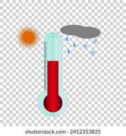 Vector graphics. On a transparent background there is a symbolic thermometer, on one side the sun is shining, on the other side rain and snow are falling from the clouds.