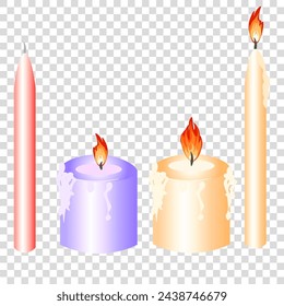 Vector graphics. On a transparent background there are three burning candles and one not.